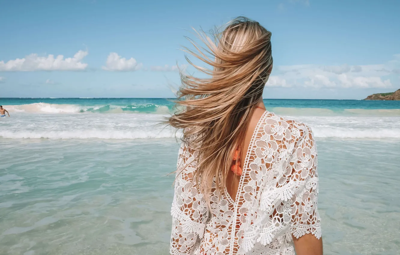 Photo wallpaper wave, beach, girl, the ocean, the wind, hair
