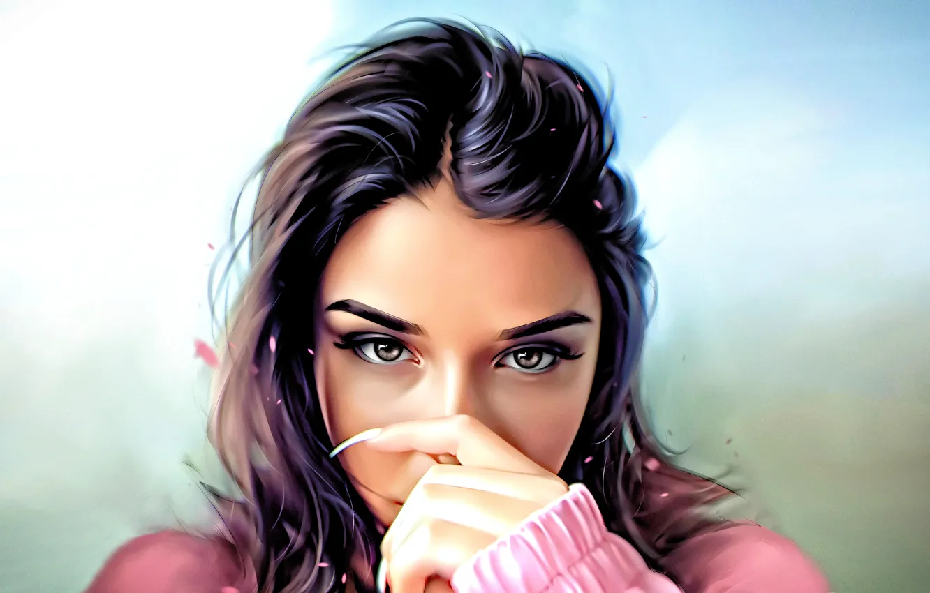 Photo wallpaper Girl, Look, Face, Hair, Eyes, Art, Fingers