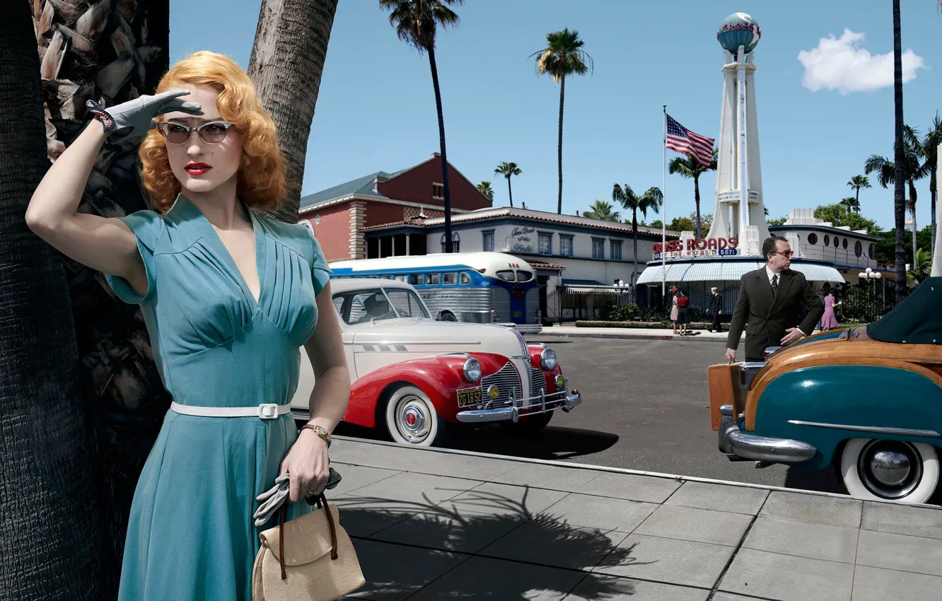 Photo wallpaper road, auto, girl, machine, the city, dress, glasses, Los Angeles