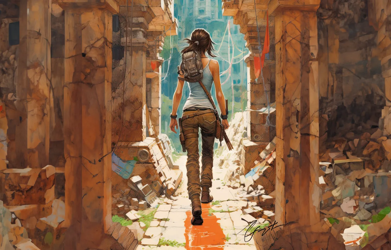 Photo wallpaper Tomb Raider, Lara Croft, back, Adventure, cargo pants, ruins