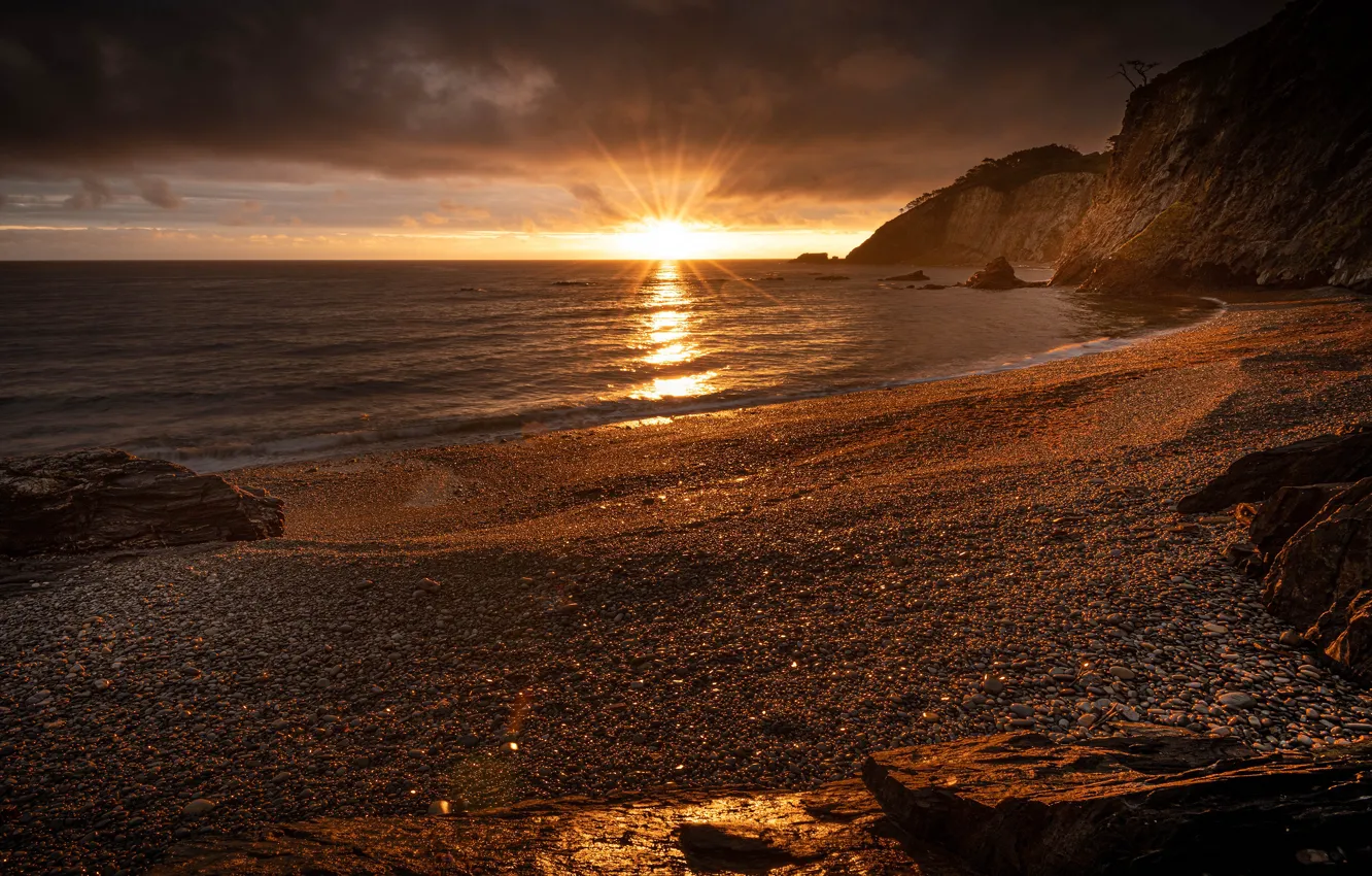 Photo wallpaper sea, beach, the sky, the sun, clouds, rays, light, sunset