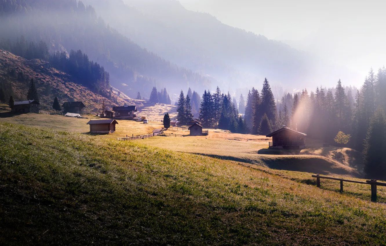 Photo wallpaper field, Alps, house