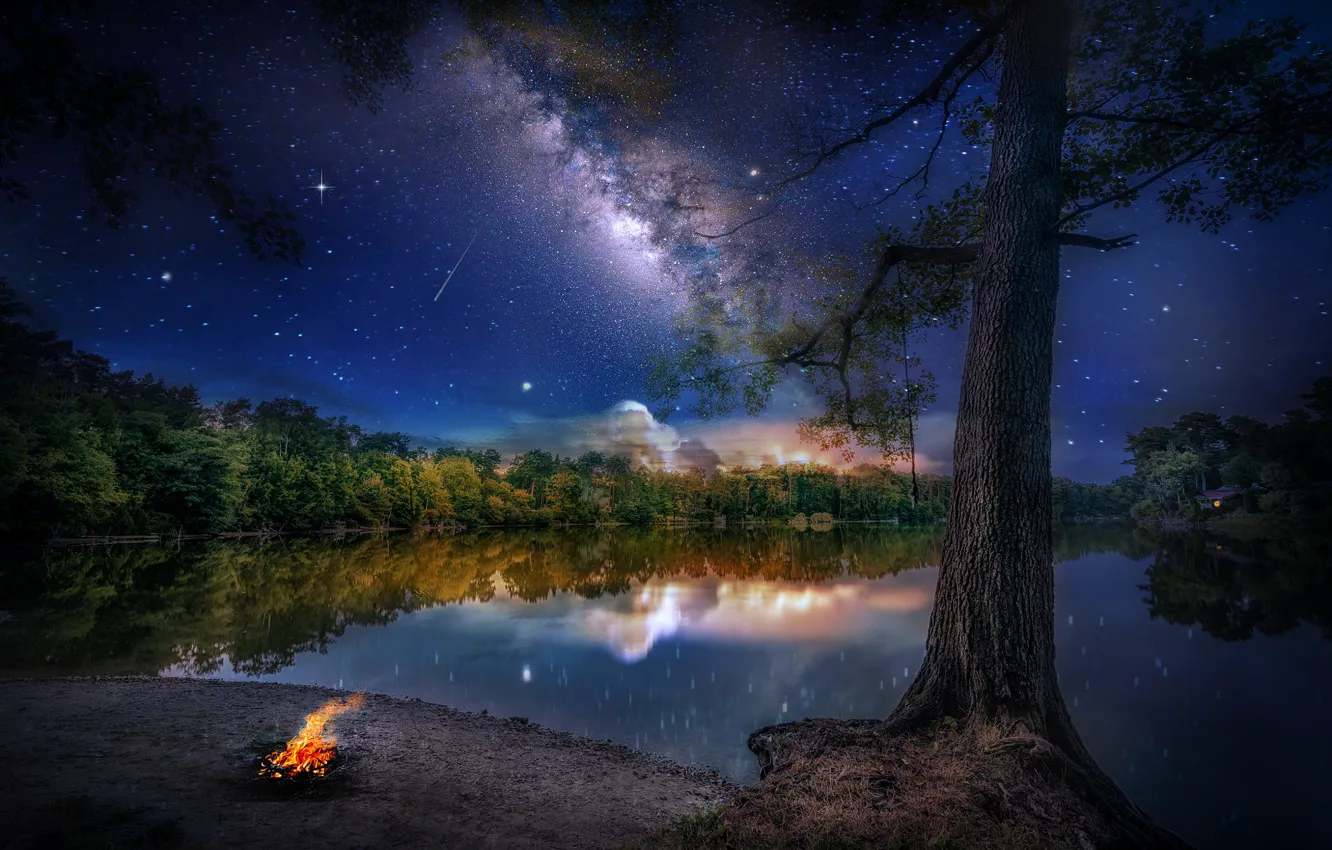 Photo wallpaper forest, the sky, stars, landscape, night, nature, lake, reflection