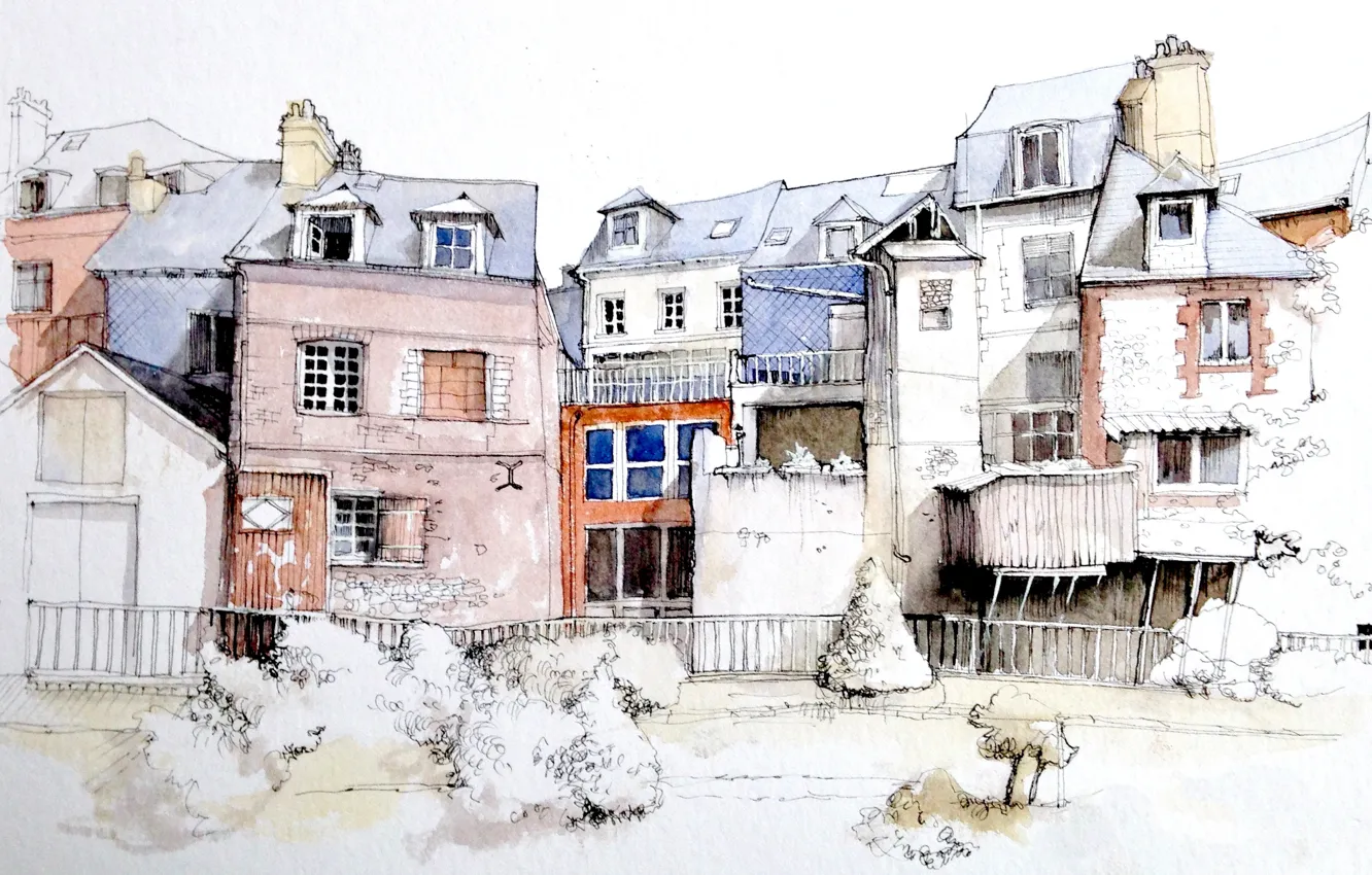 Photo wallpaper figure, France, watercolor, the urban landscape, Honfleur