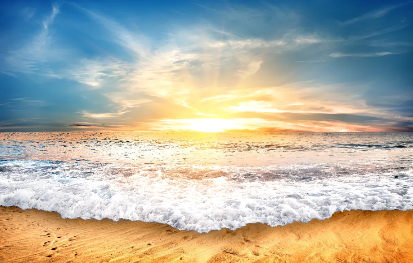 Photo wallpaper sand, sea, beach, the sky, sunset, shore, beach, sea
