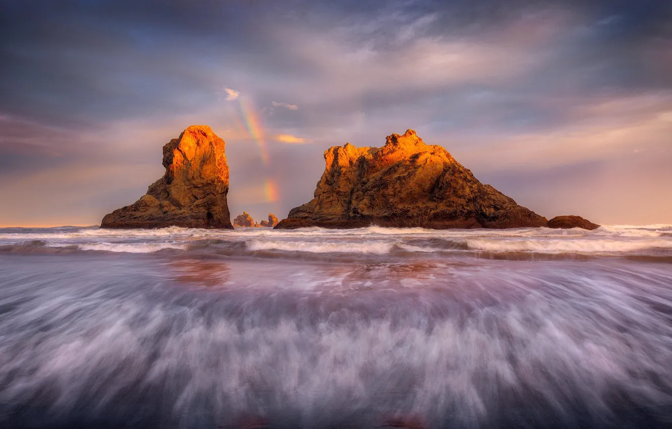 Photo wallpaper sea, wave, clouds, light, rocks, rainbow, surf