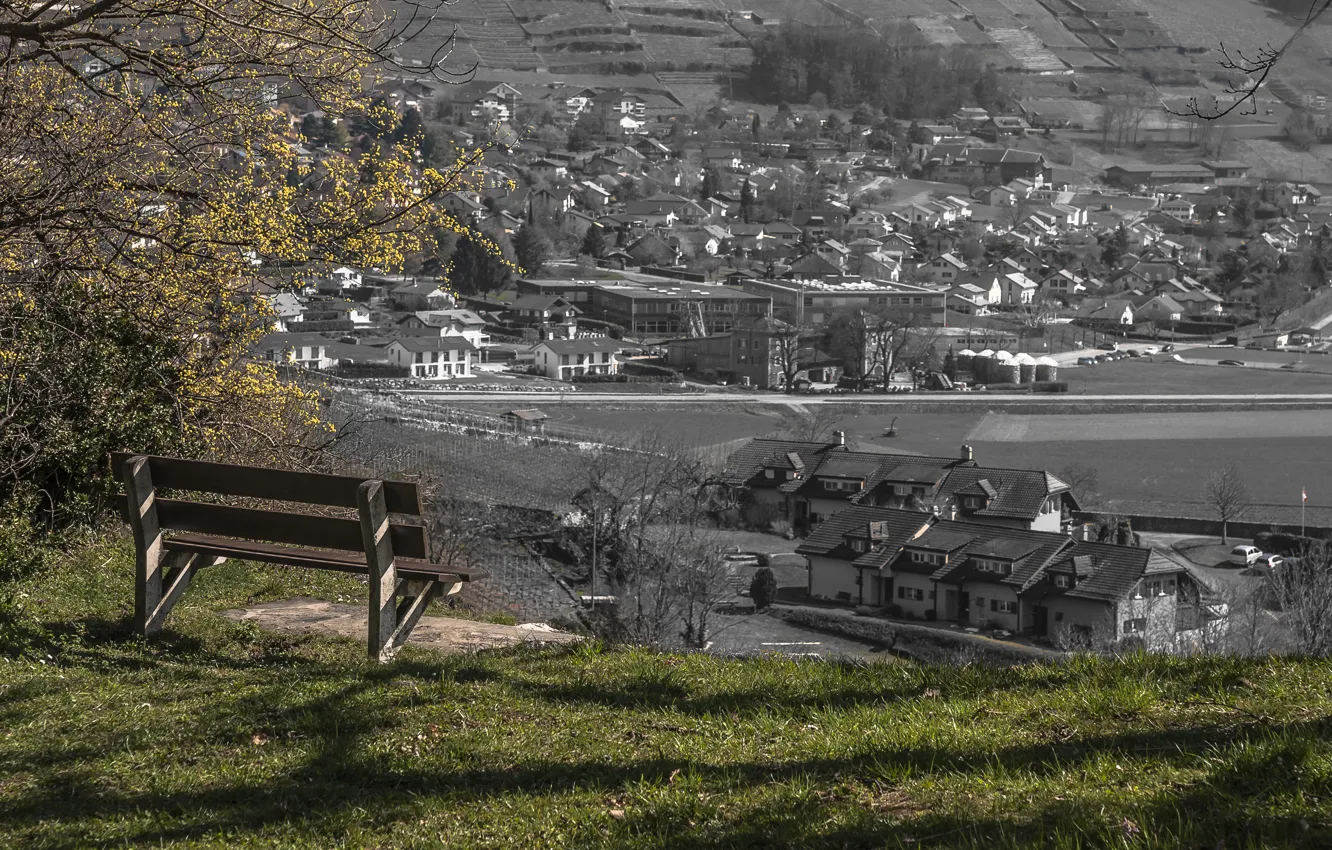 Photo wallpaper landscape, the city, view, bench