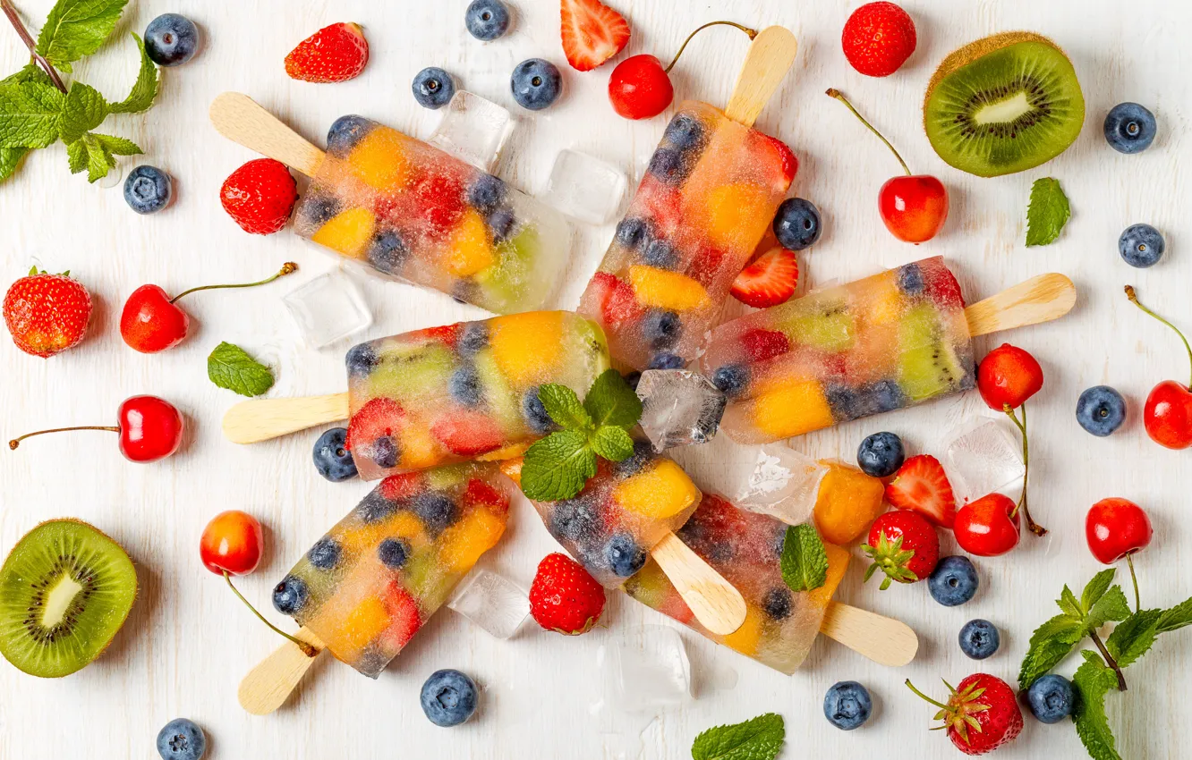 Photo wallpaper ice, berries, kiwi, blueberries, strawberry, ice cream, fruit, mint