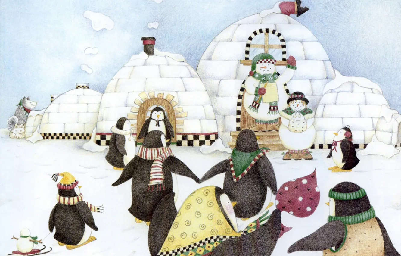 Photo wallpaper winter, childhood, holiday, penguins, snowman