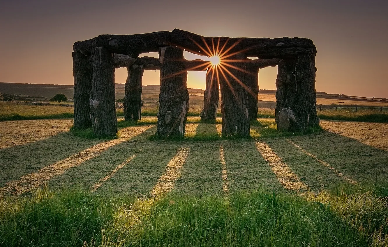 Photo wallpaper field, the sun, light, stones, shadow, Megalit