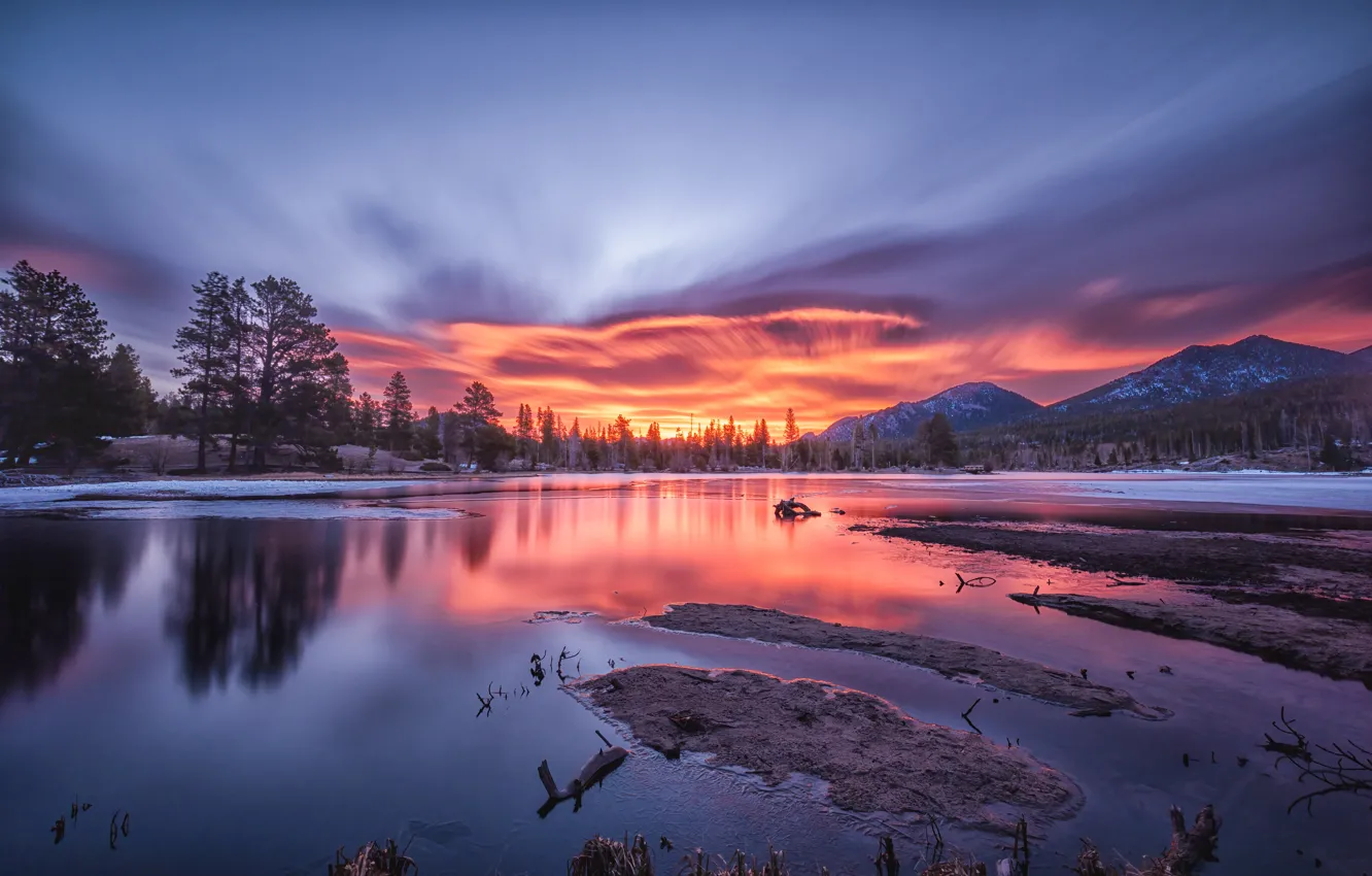 Photo wallpaper trees, sunset, mountains, lake, Colorado, Colorado, Rocky Mountain National Park, Sprague Lake