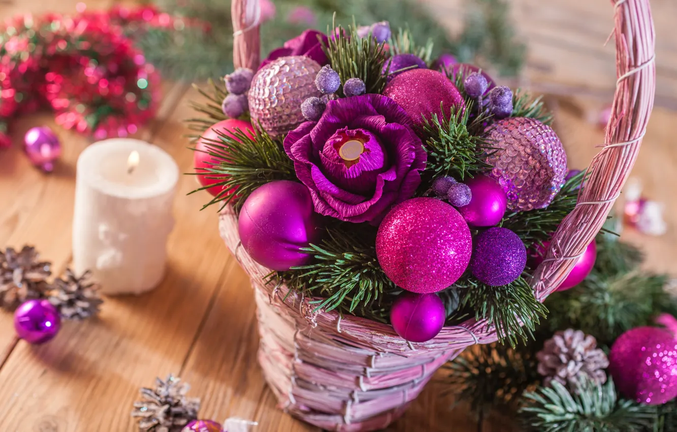 Photo wallpaper flowers, basket, toy, spruce, candles, candy, bumps, decor