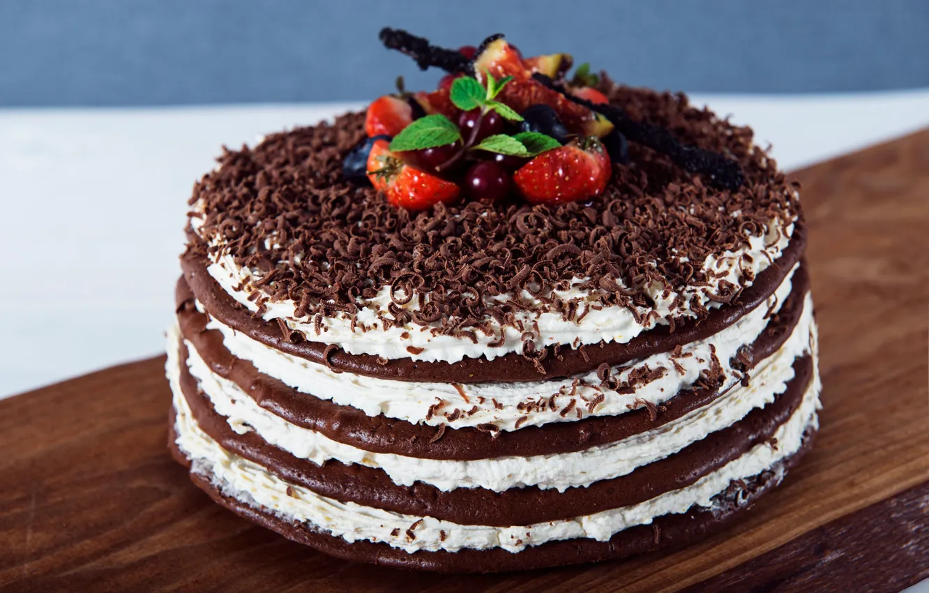 Photo wallpaper berries, chocolate, cake, layer