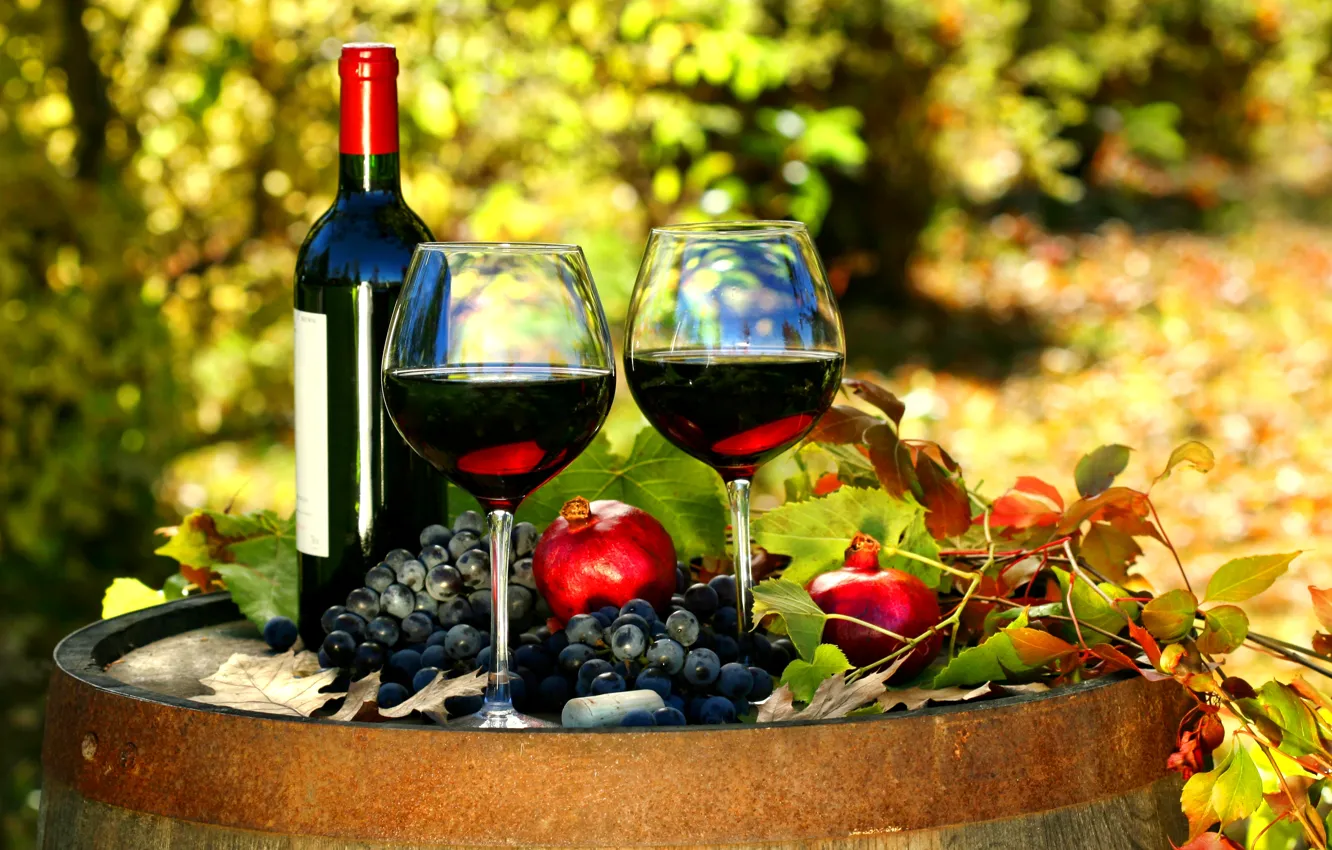 Photo wallpaper autumn, leaves, wine, red, bottle, glasses, grapes, barrel