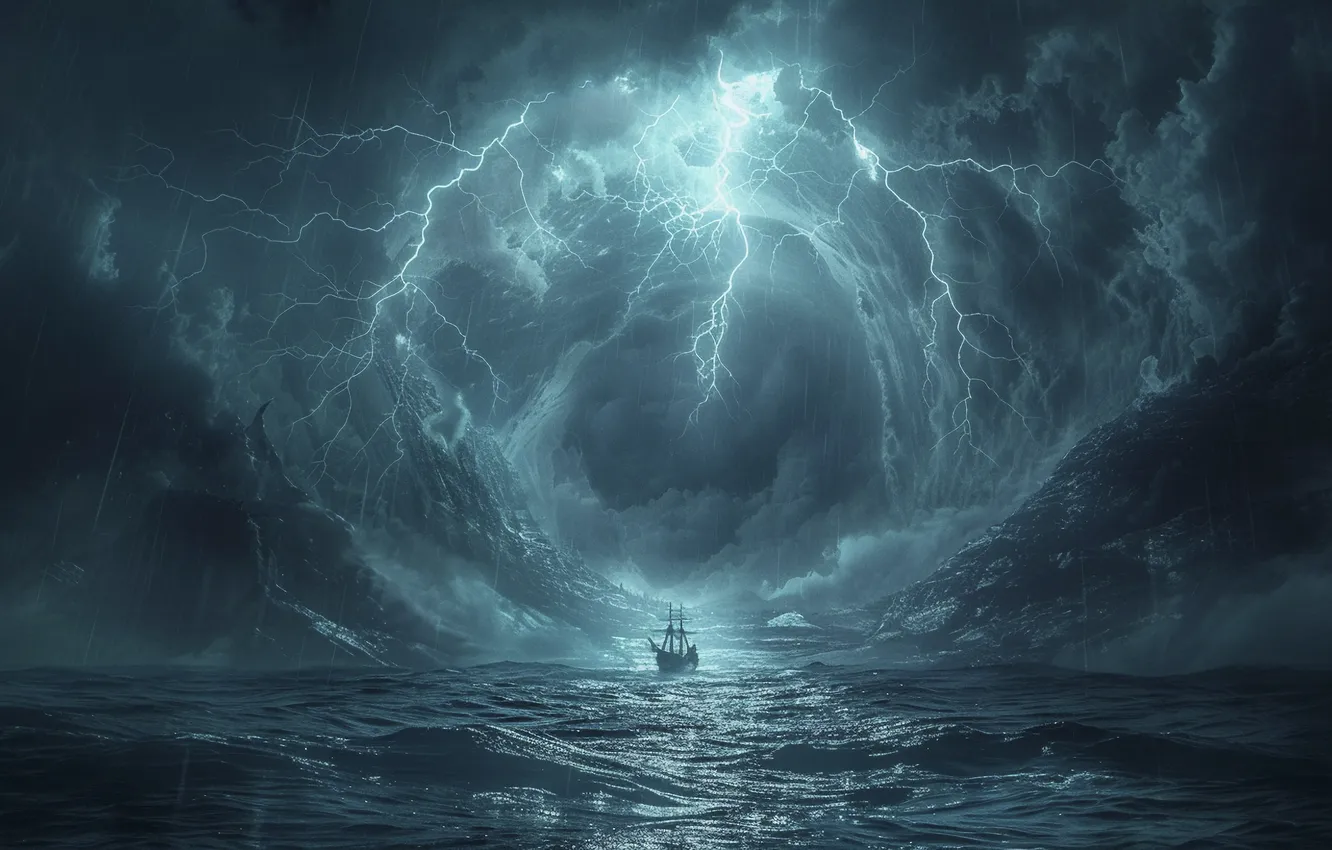 Photo wallpaper sea, wave, storm, lightning, ship, the portal, digital art, sailing