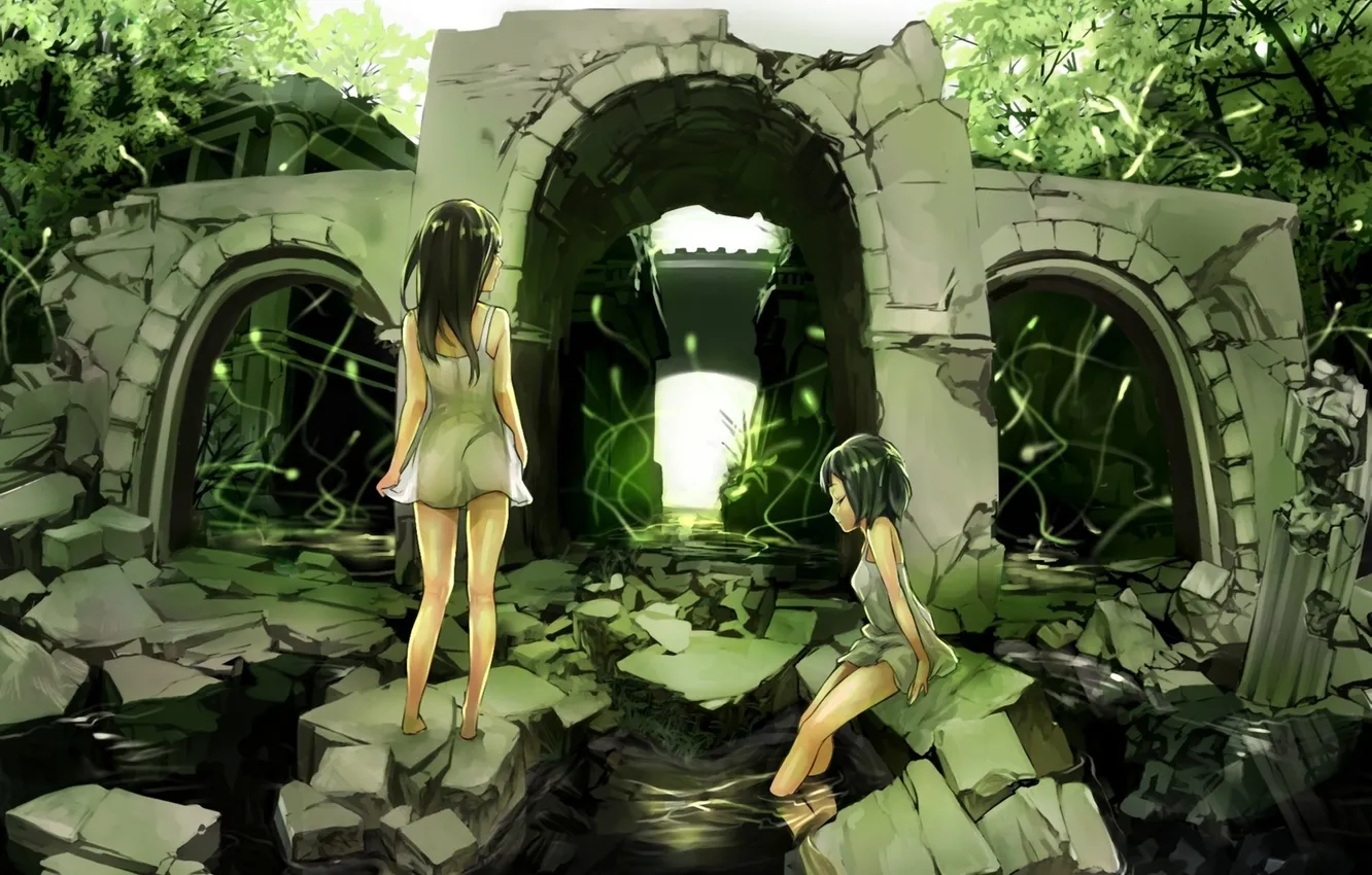 Photo wallpaper water, stones, art, girl, arch, ruins