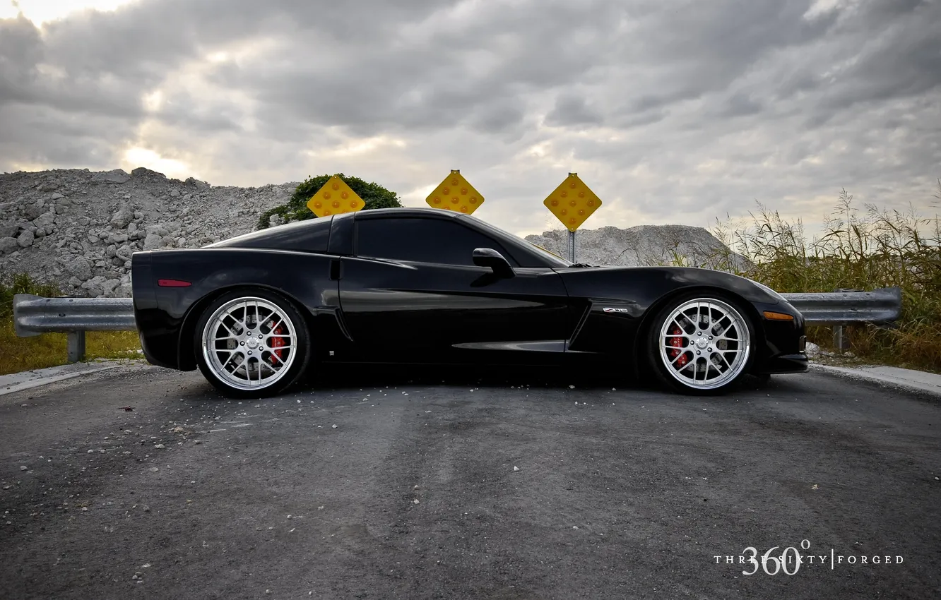 Photo wallpaper road, black, Z06, Chevrolet, repair, chrome, ban, 360forged