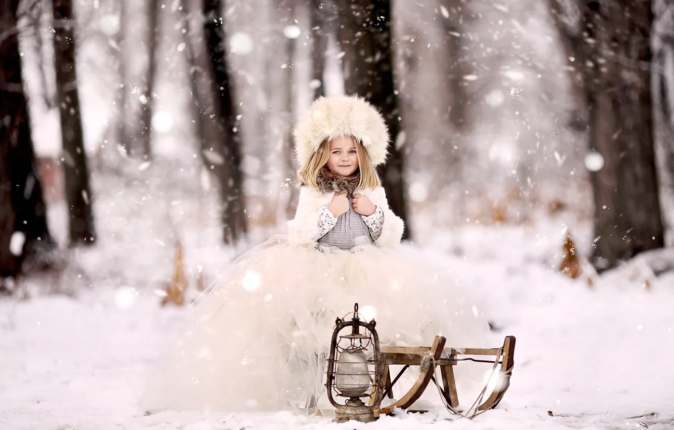 Photo wallpaper winter, forest, snow, nature, children, hat, dress, lights
