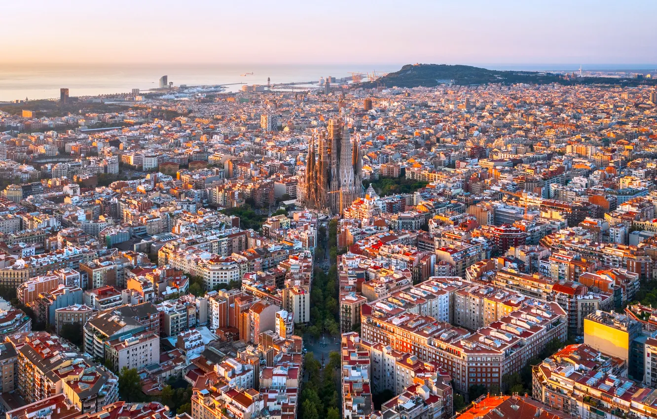 Photo wallpaper sea, the sun, coast, panorama, Barcelona, Spain, Catalonia, Sagrada Familia