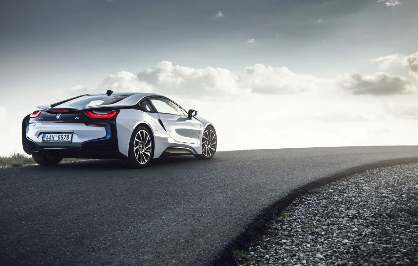 Photo wallpaper road, the sun, clouds, wheel, back, BMW i8