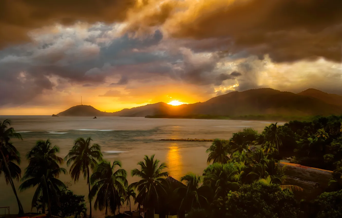 Photo wallpaper sea, the sky, sunset, mountains, palm trees, Cuba, Cuba, The Caribbean sea