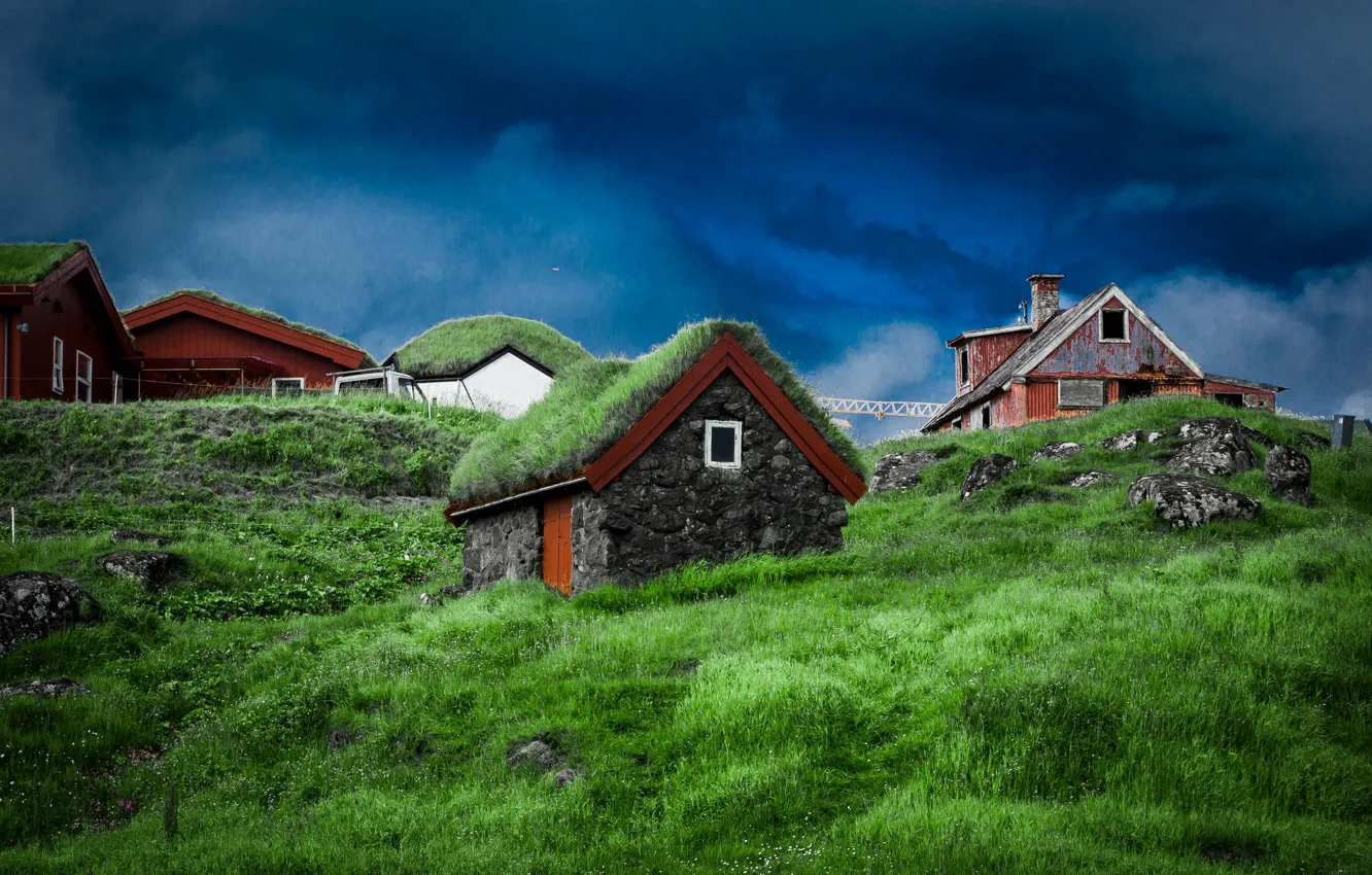Photo wallpaper the sky, grass, clouds, house, stones, slope, Denmark, Faroe Islands
