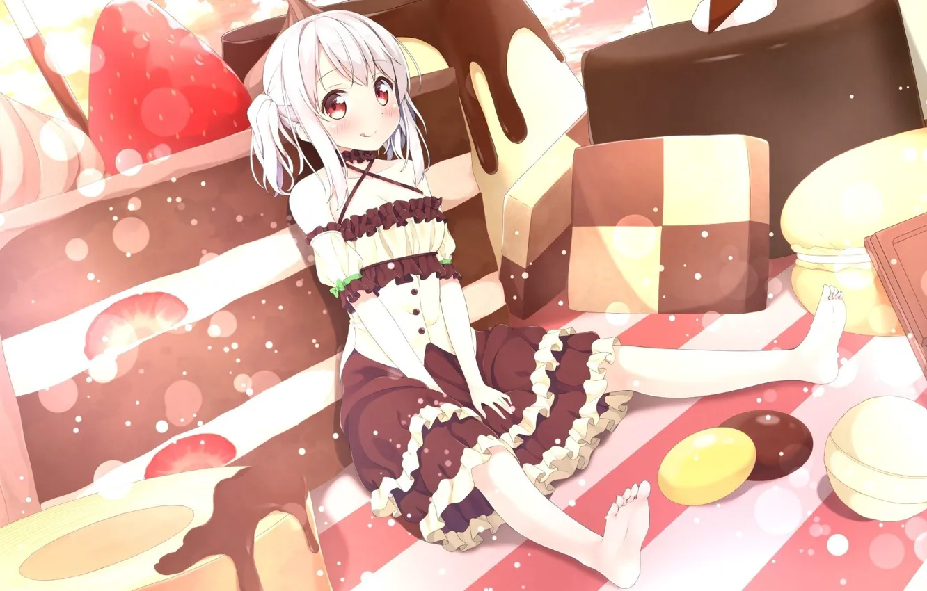 Photo wallpaper chocolate, cookies, girl, sweets, cake, blush, sitting, ruffles