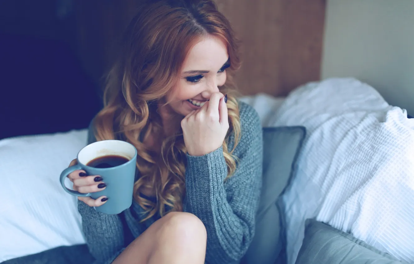 Photo wallpaper look, girl, pose, eyelashes, smile, mood, coffee, morning