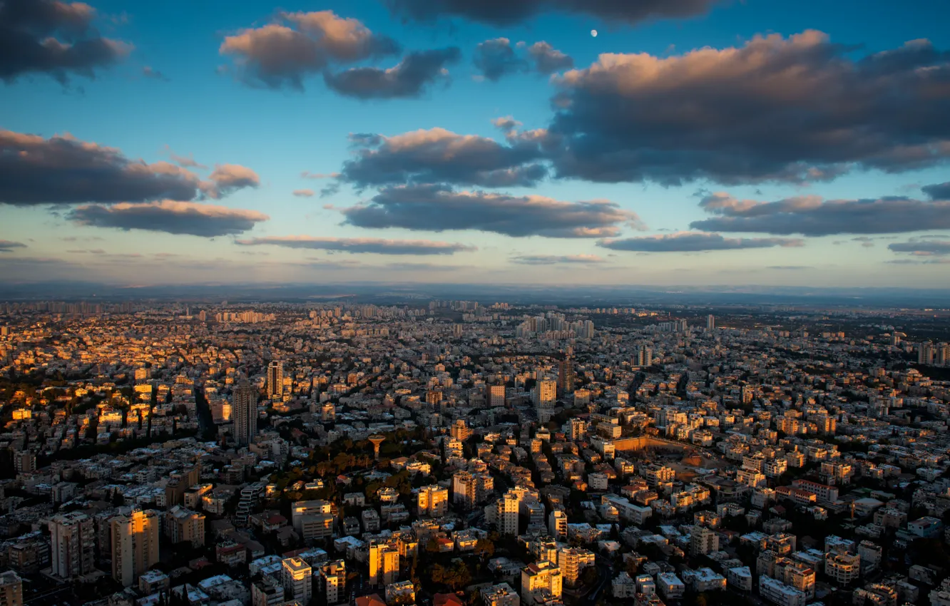 Photo wallpaper the sky, clouds, light, the city, the moon, street, building, home