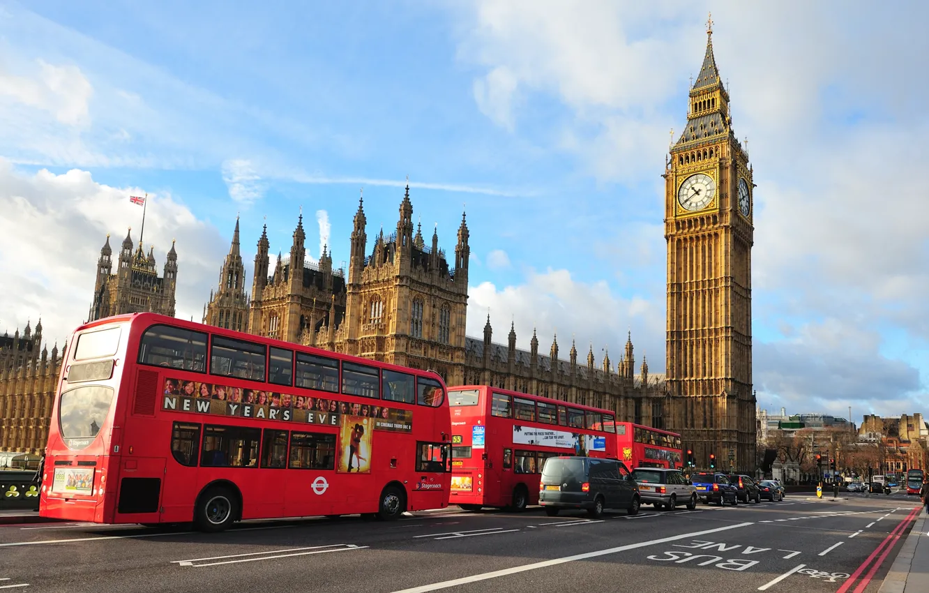 Photo wallpaper city, street, London, bus, street, London, England, Big Ben