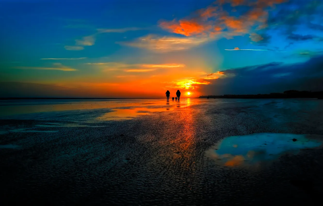 Photo wallpaper the sun, sunset, people, silhouette