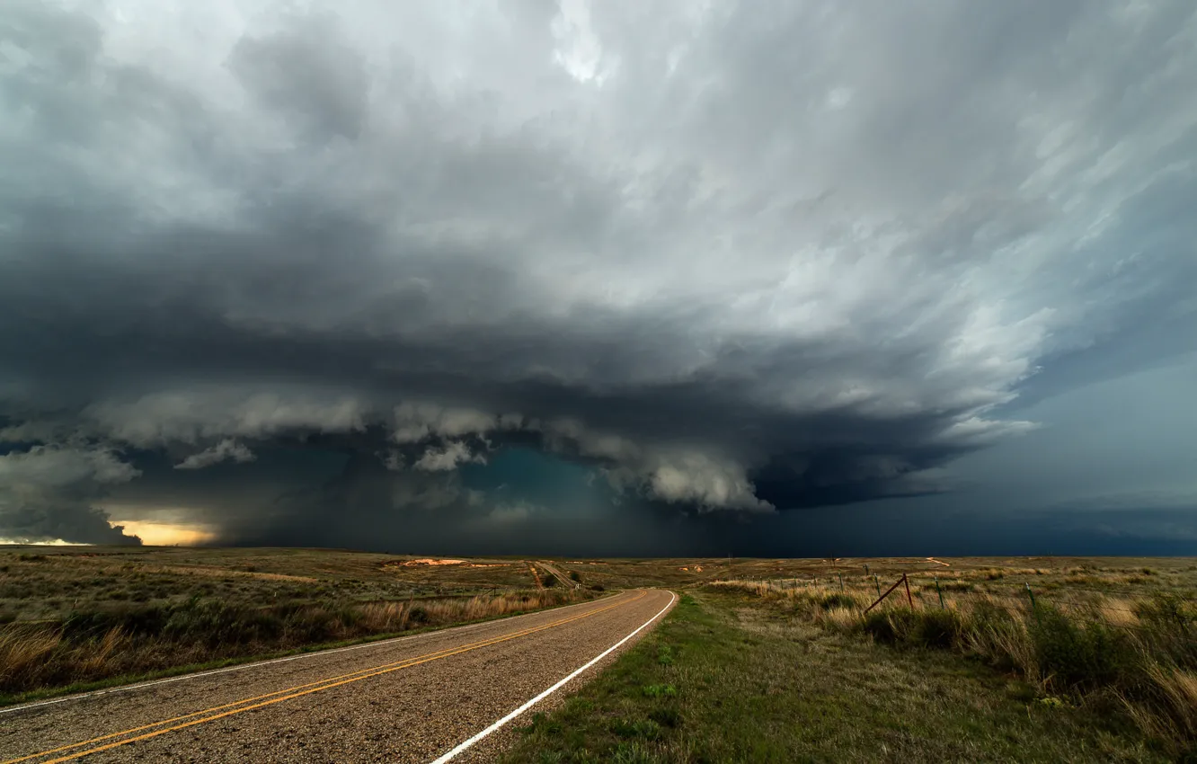 Photo wallpaper road, the sky, clouds, storm, storm