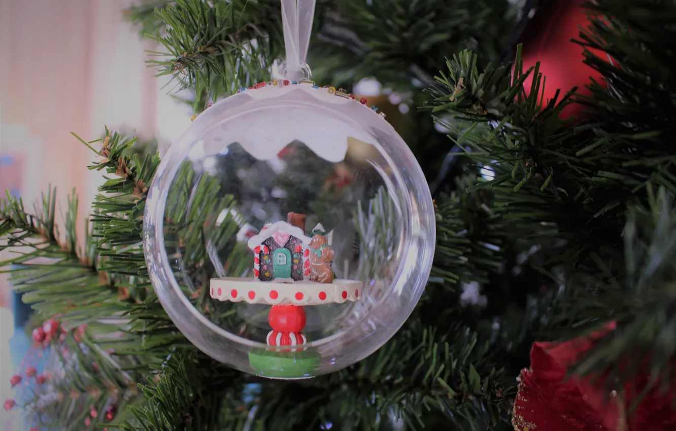 Photo wallpaper snow, needles, toy, tree, new year