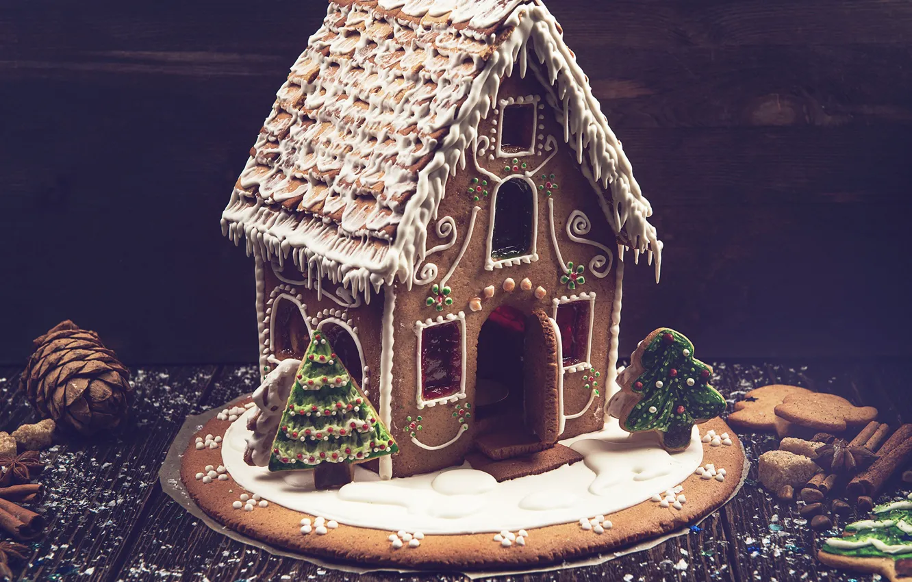 Photo wallpaper tree, cookies, New year, house, cinnamon, cakes, glaze, gingerbread