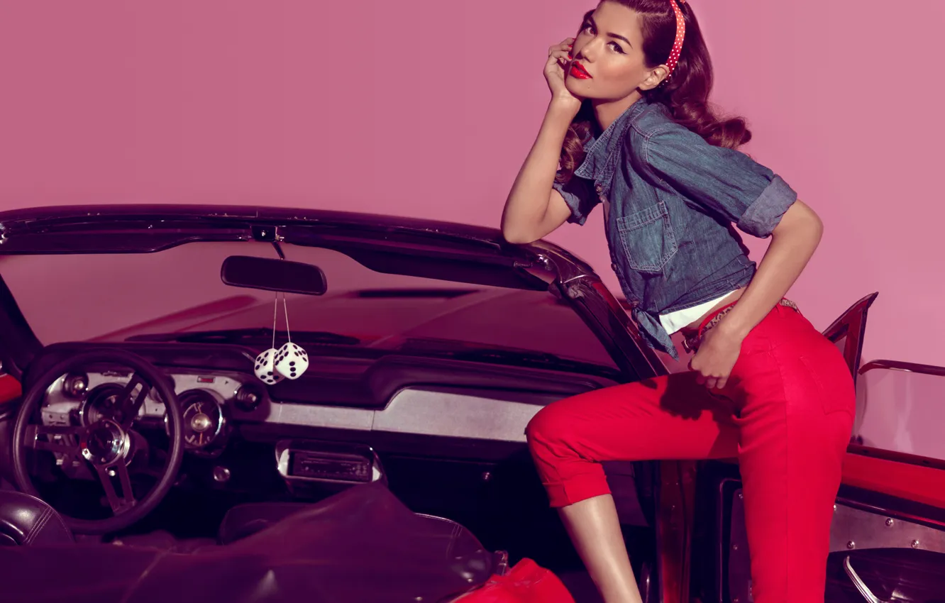 Photo wallpaper machine, retro, model, car, salon, Sheila Marquez
