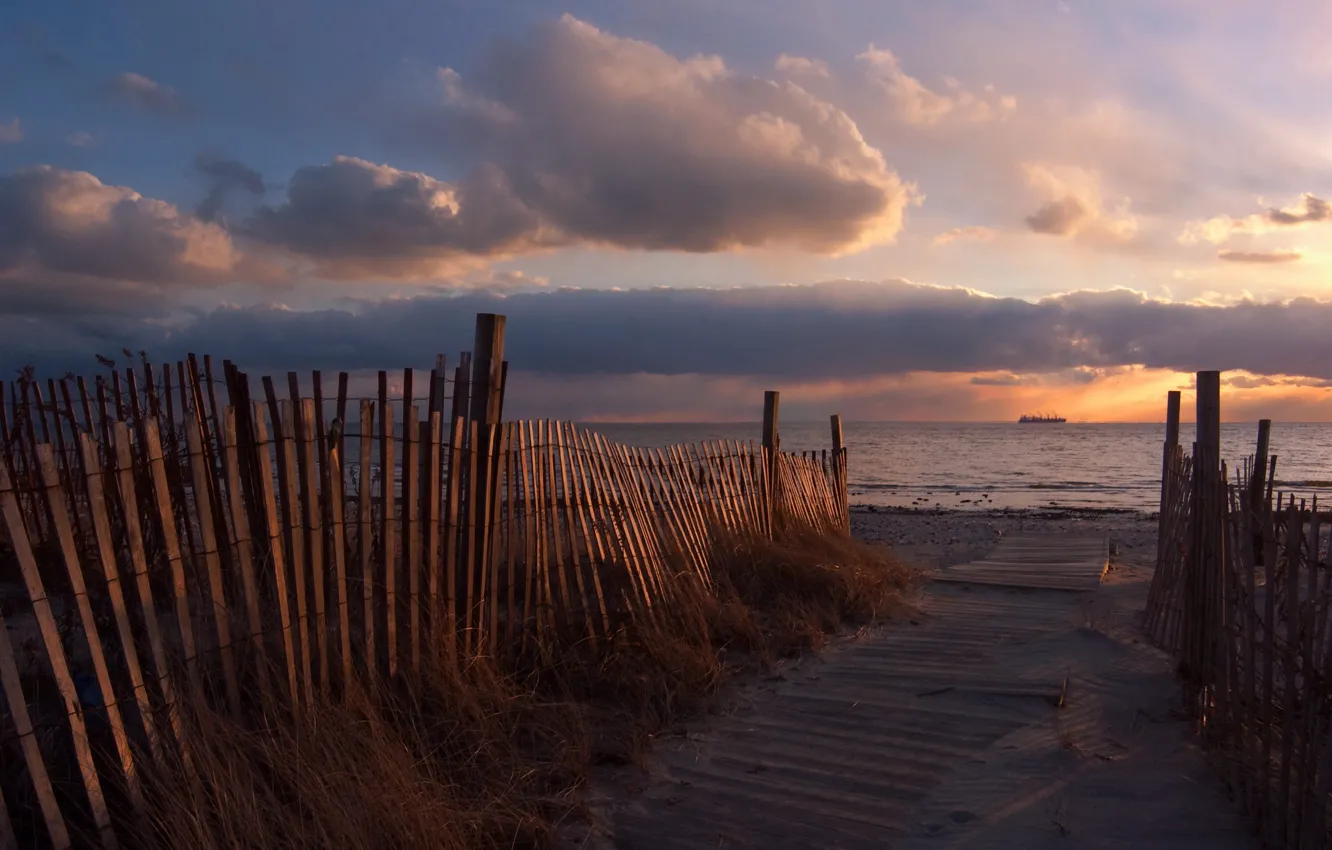 Photo wallpaper sea, beach, sunset, the fence