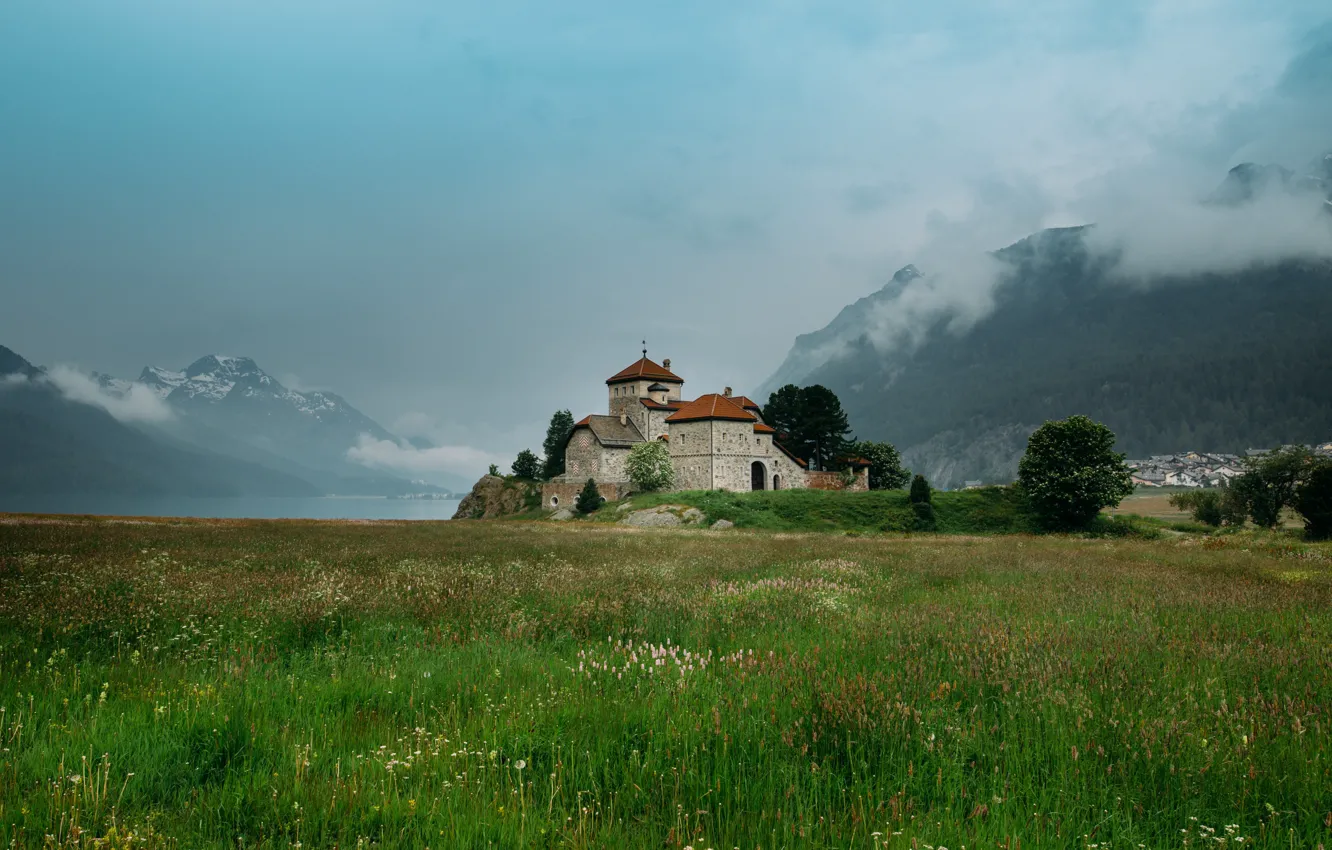 Photo wallpaper grass, clouds, landscape, mountains, castle