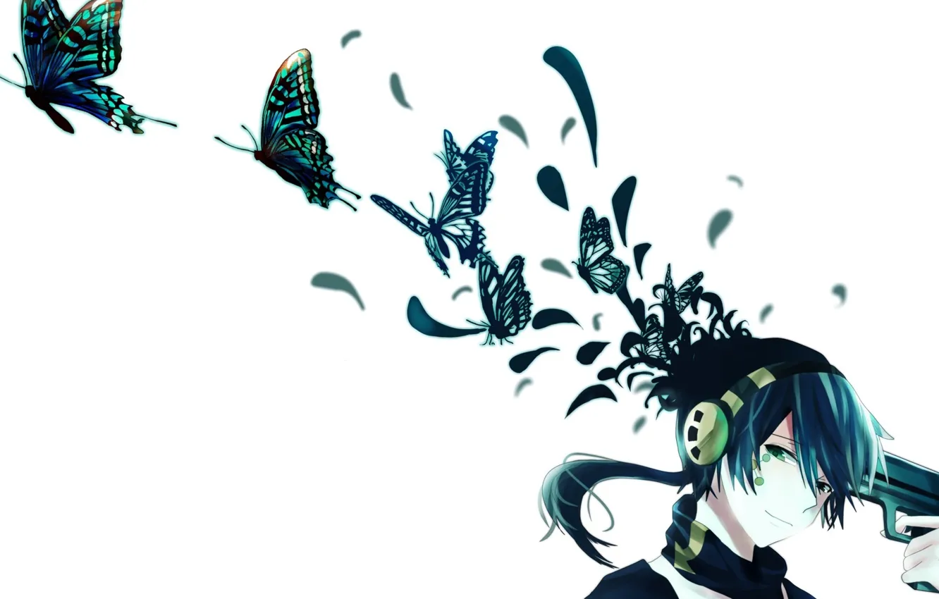 Photo wallpaper butterfly, smile, gun, anime, headphones, art, guy, konoha