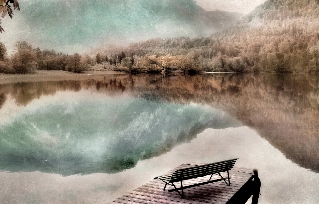 Photo wallpaper nature, lake, bench