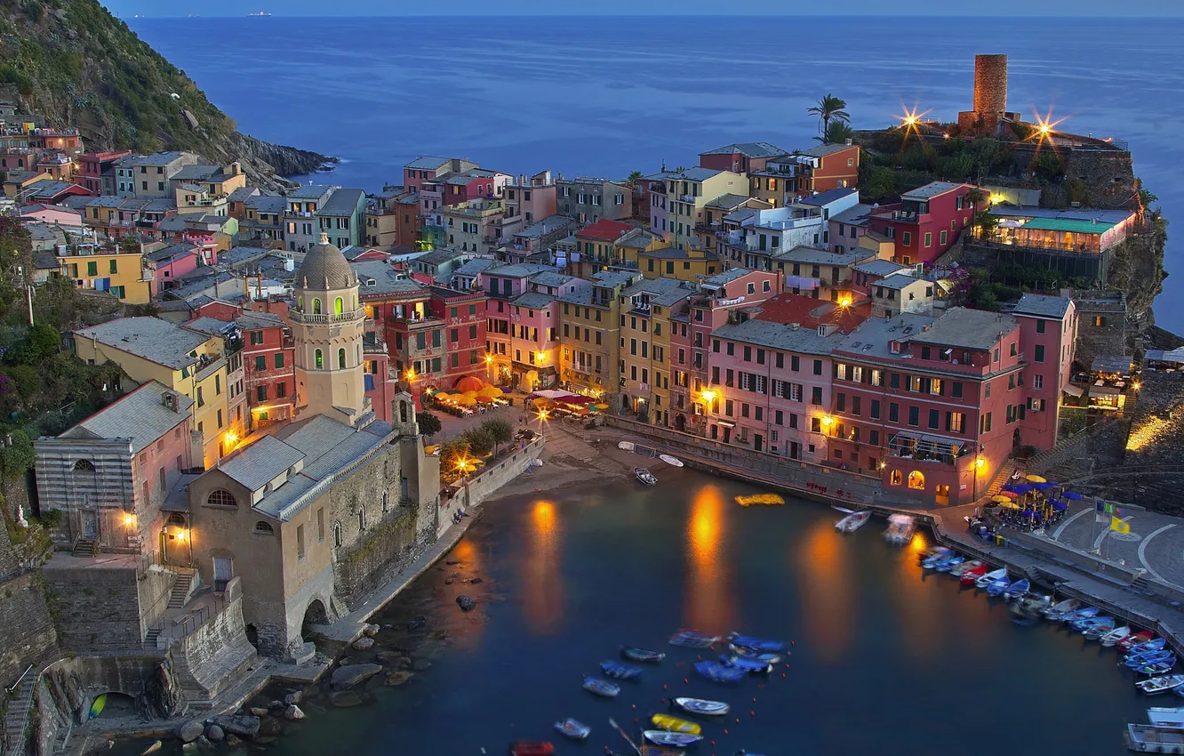 Photo wallpaper tower, home, Italy, harbour, Vernazza, Cinque Terre, The Ligurian coast