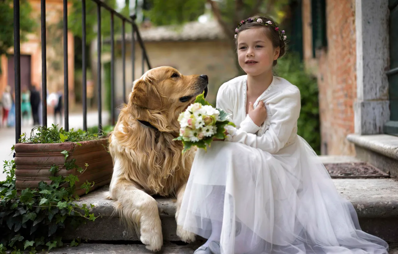 Photo wallpaper each, dog, bouquet, girl