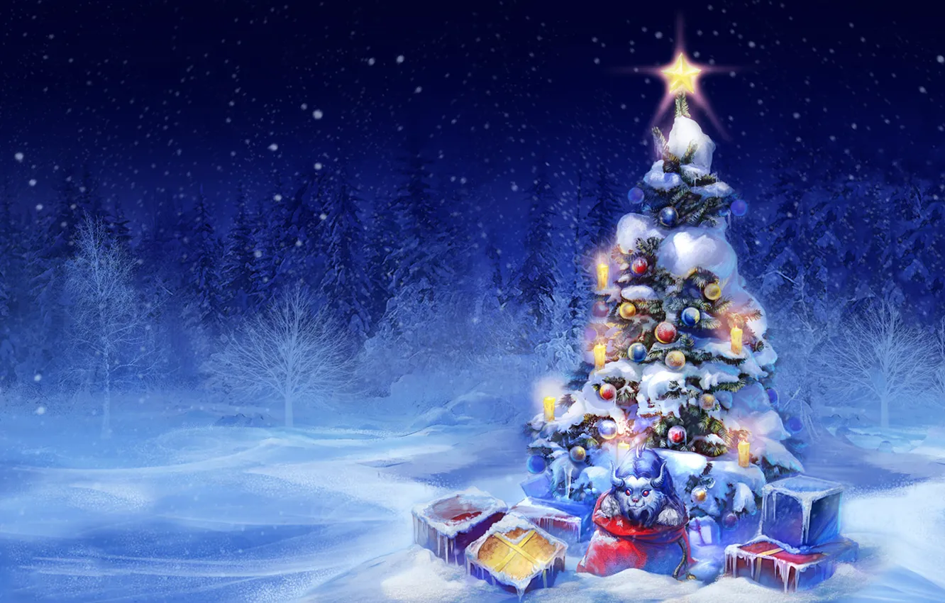 Photo wallpaper snow, lights, toys, tree, new year, gifts