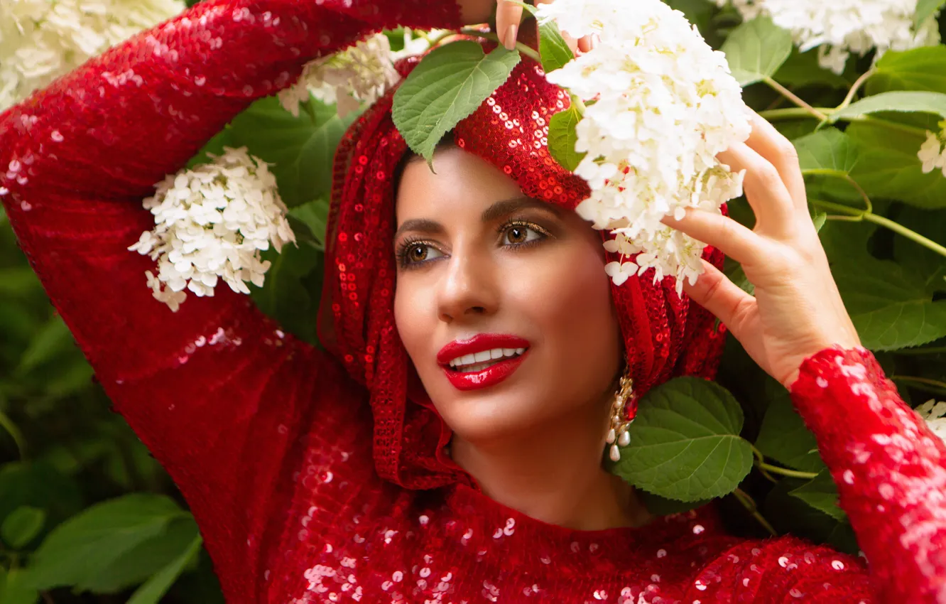 Photo wallpaper flowers, smile, foliage, portrait, beauty, sequins, red dress, brown eyes