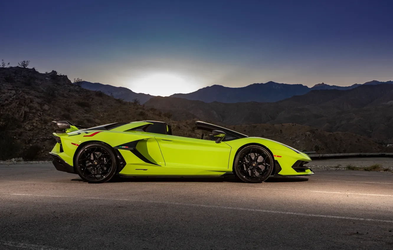 Photo wallpaper sunset, Roadster, the evening, Lamborghini, supercar, side view, Aventador, 2020