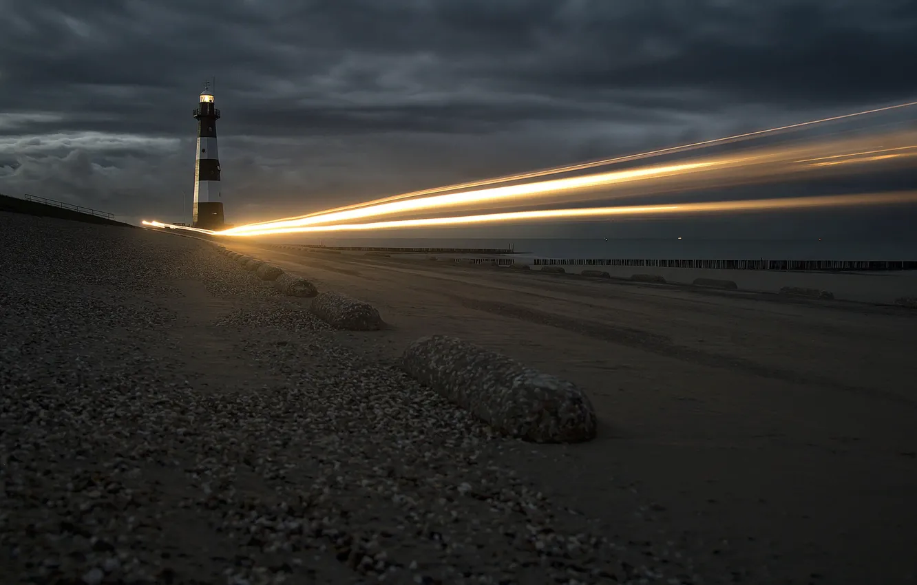 Photo wallpaper sea, night, lights, lighthouse