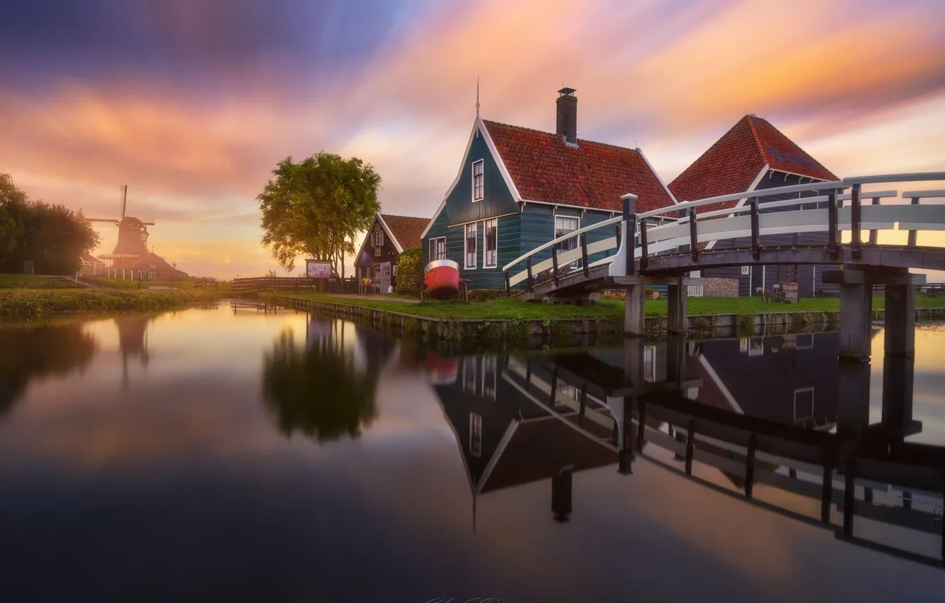 Photo wallpaper bridge, home, channel, Netherlands, the village