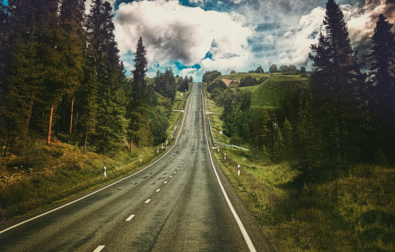 Photo wallpaper road, forest, the sky, clouds, trees, landscape, nature, plant