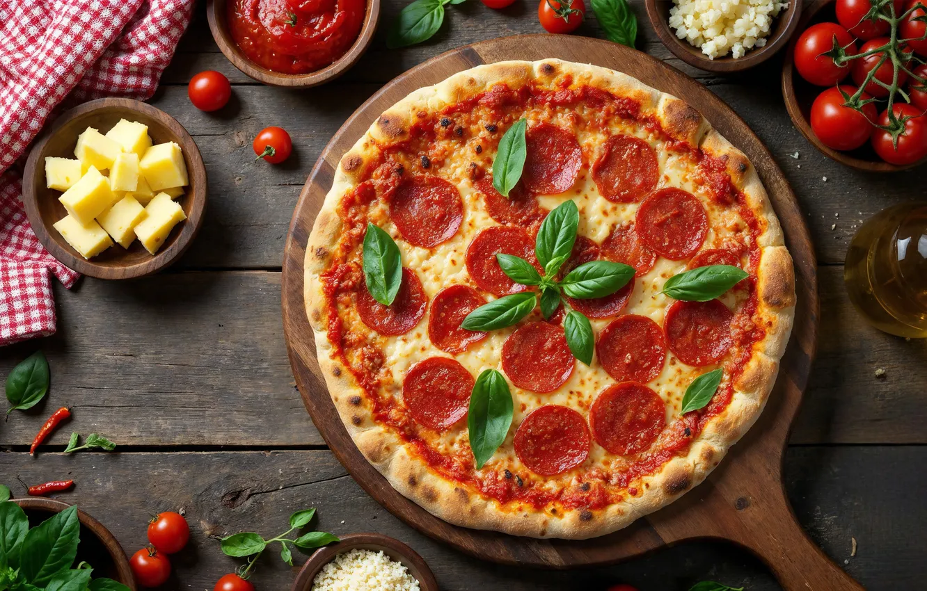 Photo wallpaper cheese, pepper, pizza, tomatoes