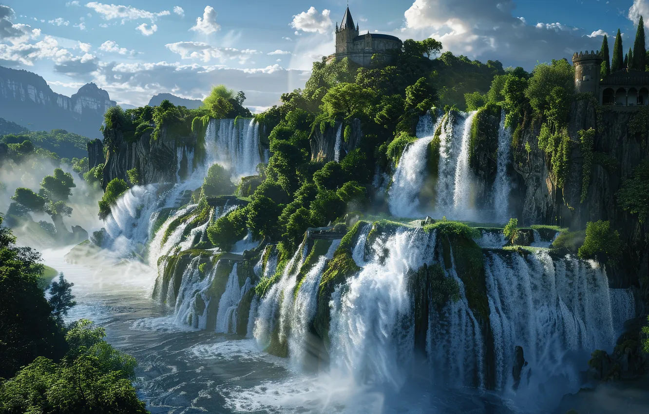 Photo wallpaper summer, the sky, clouds, light, trees, mountains, nature, fog