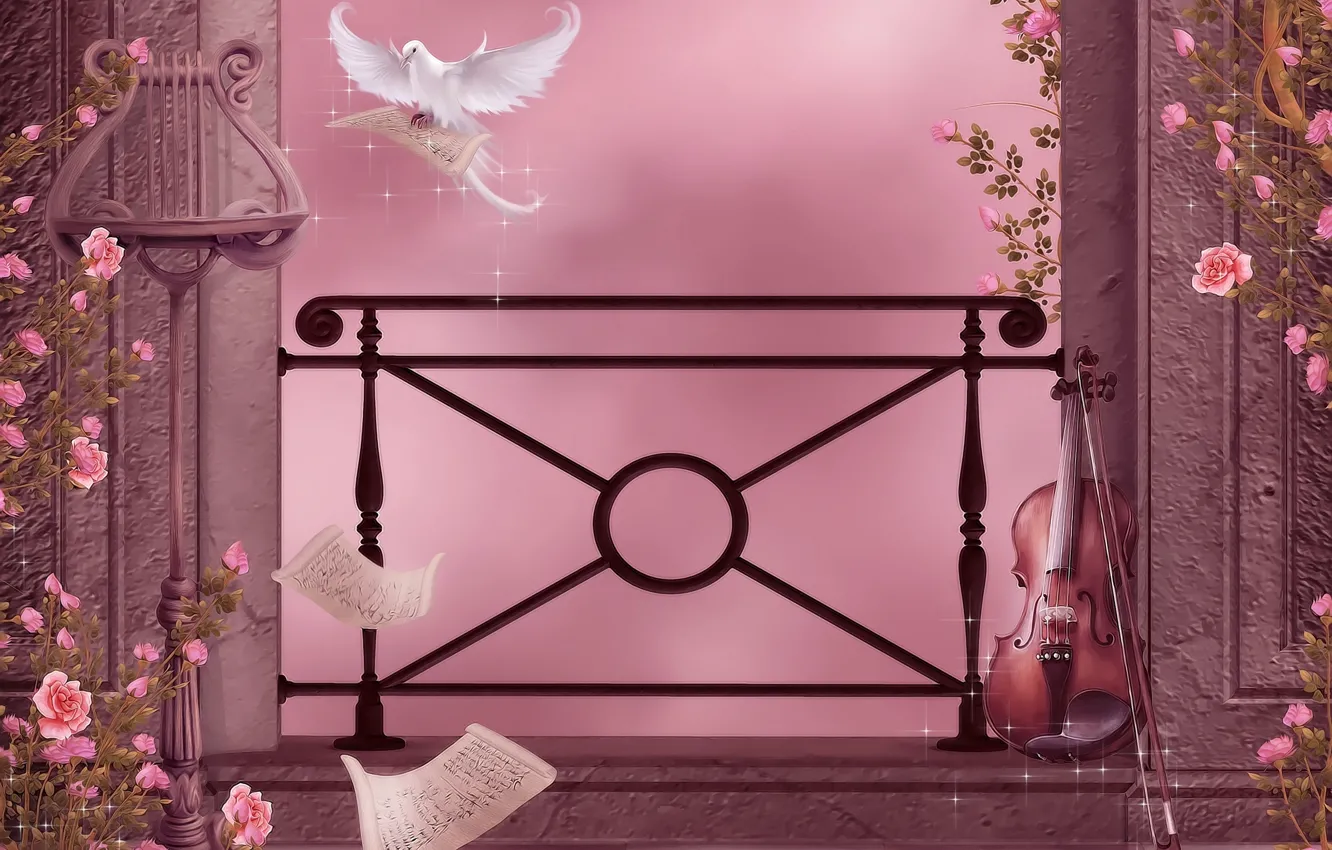 Photo wallpaper flowers, notes, music, violin, dove, roses, music, columns